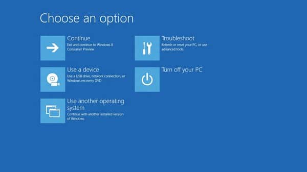 Windows 8 Boot Options menu, Image Credit: Microsoft