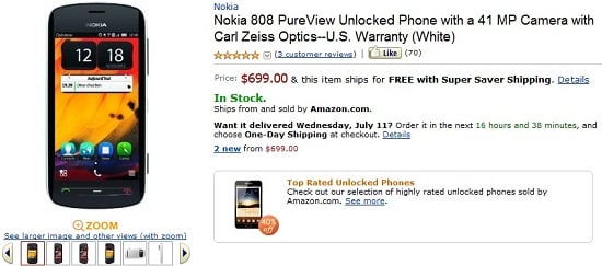Nokia 808 PureView Available At Amazon, Image credit: Amazon