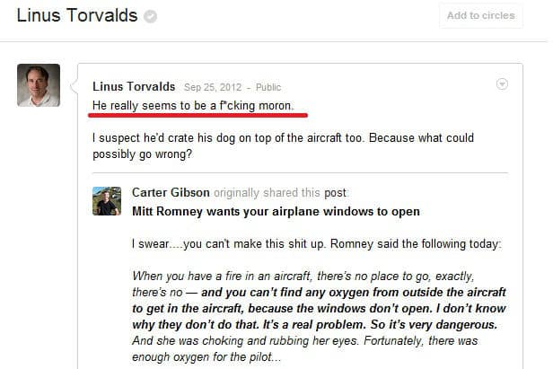 Linus Torvalds on Mitt Romney