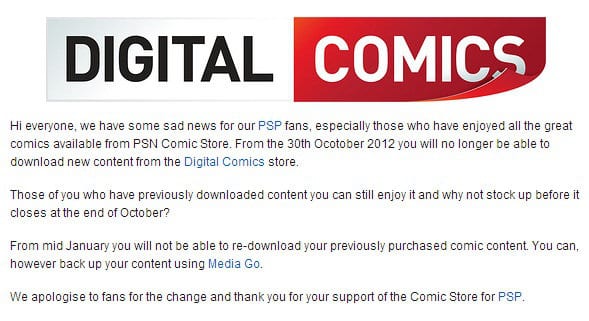 PSP Comic Store shutdown notice