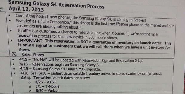 Leaked Staples Document Of Samsung Galaxy S IV Availability