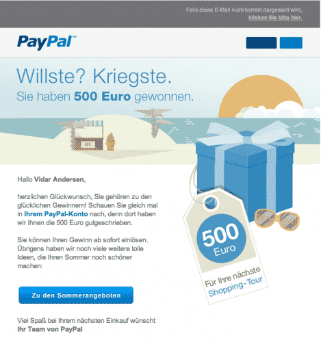 Fake Email About Winning 500 Euros From PayPal