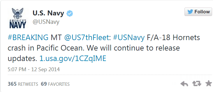 Tweet Of U.S NAVY About Crash Of 2 Jet Planes