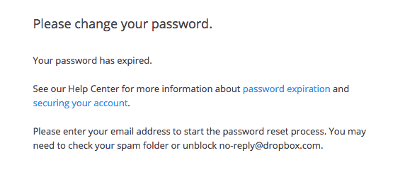Dropbox Password Change Screen