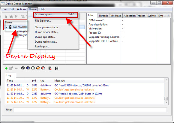 Dalvik Debug Monitor shows your device in list to take the screencapture of Adroid Phone on Windows PC