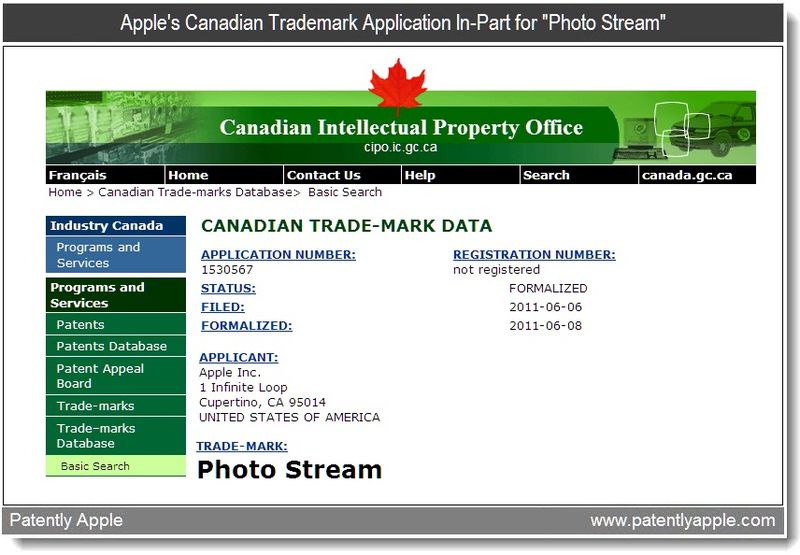 5 - Apple's Canadian Trademark Application In-Part for Photo Stream, June 2011, Patently Apple