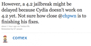 Read more about the article Comex’s Tweet:iOS 4.2 Jailbreak May Be Delayed