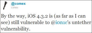Read more about the article iOS 4.3.2 May Still Be Vulnerable To ion1c Untether Exploit