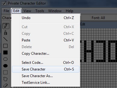 how modify a font private character editor