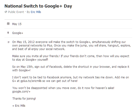 Read more about the article Web Developer Calls for ‘National Switch to Google+ Day’ on Facebook