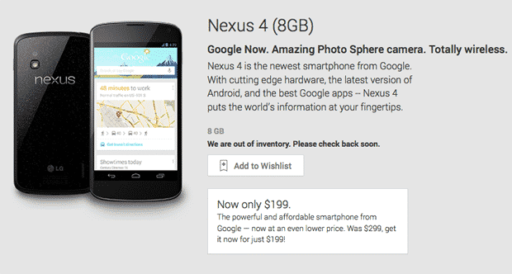 Read more about the article 8 GB Nexus 4 Sold Out From Google Play Store, Won’t Be Restock