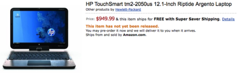 HP TouchSmart tm2-2050 us 12.1-Inch Riptide Argento Laptop